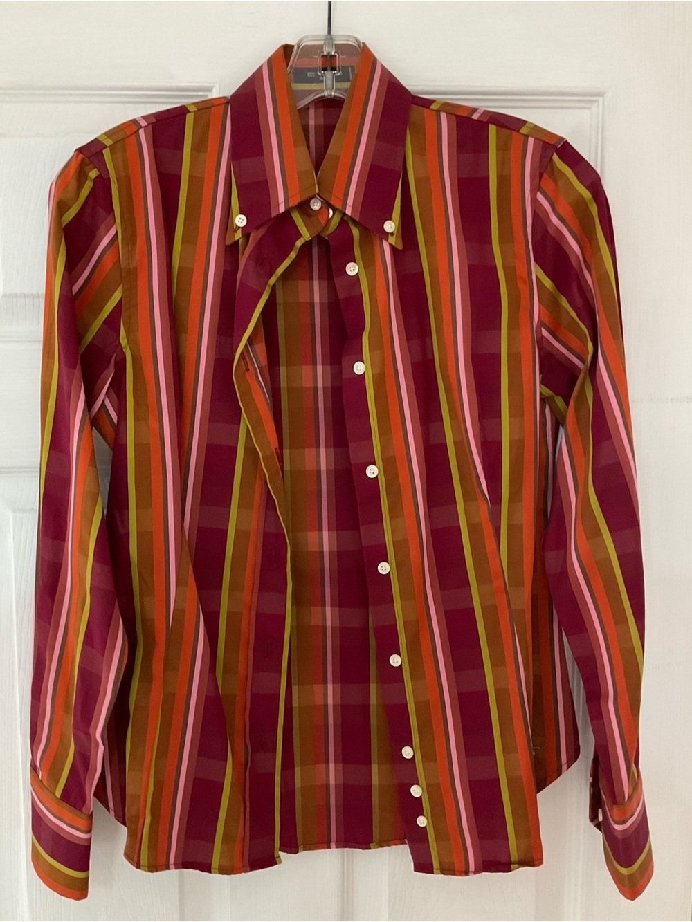 Women's Striped Button-Down Shirt in Burgundy and Multicolor